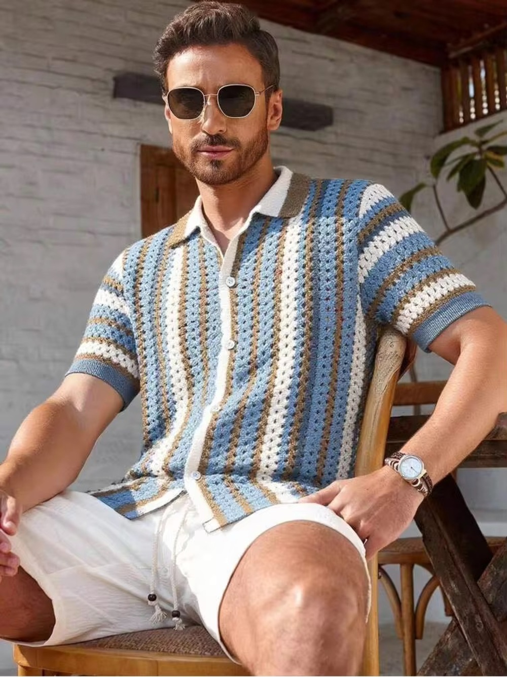 MANFINITY Men’s XL Crochet Knit Polo Shirt Striped Button Up Retro